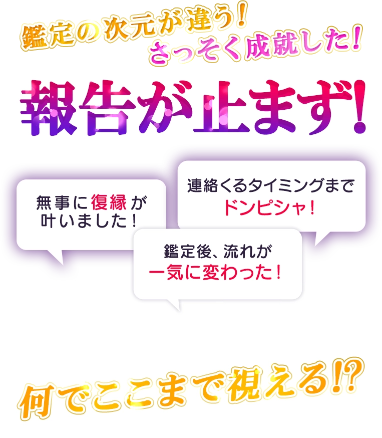 無事に復縁が叶いました！連絡がくるタイミングまでドンピシャ！などの鑑定の次元が違うとの報告がたくさん。